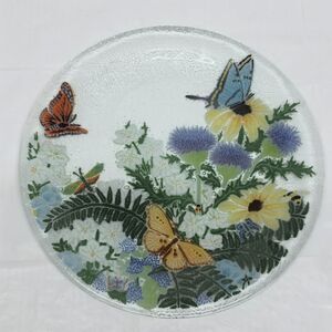 Peggy Karr Fused Art Glass Plate 11" Flowers Butterflies Spring Summer Decor